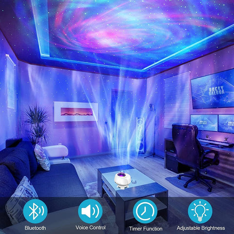 Modern home office with ceiling projection and electronic devices.