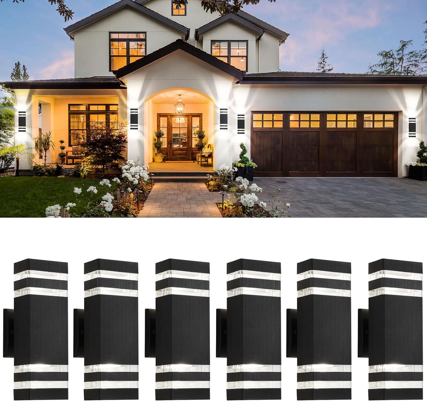 Modern house exterior with decorative wall lights shown below.