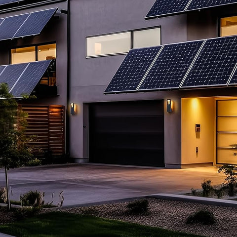 Modern house exterior with solar panels on the roof at night.