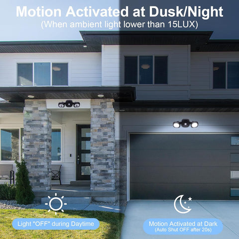 Modern house with motion-activated lights on a dark night, highlighting security feature.