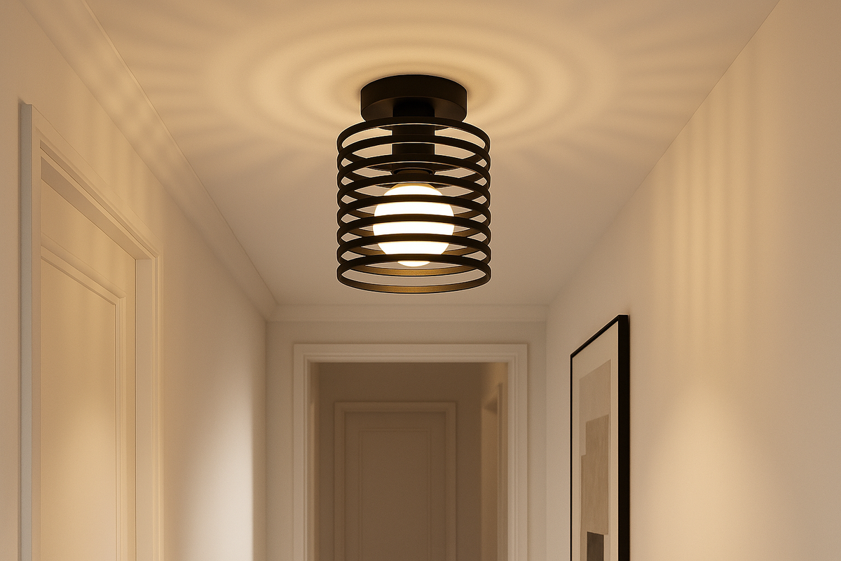 Modern industrial ceiling light with black metal cage

