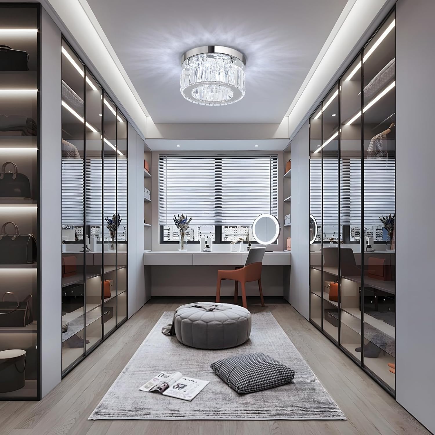 Modern interior design of a room with glass walls, a desk, and decorative elements.
