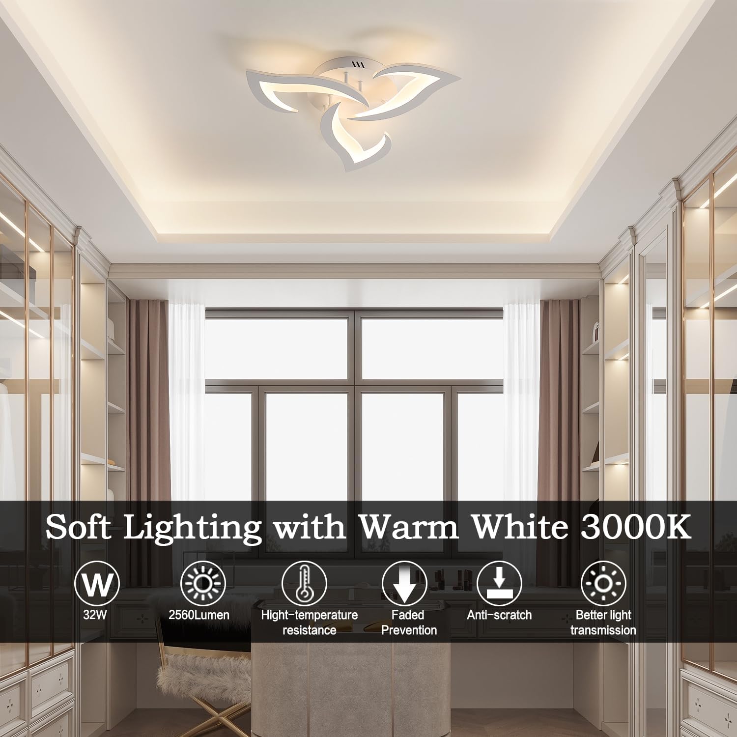 Modern interior design with a ceiling light fixture, soft lighting, and warm white 3000K color temperature.