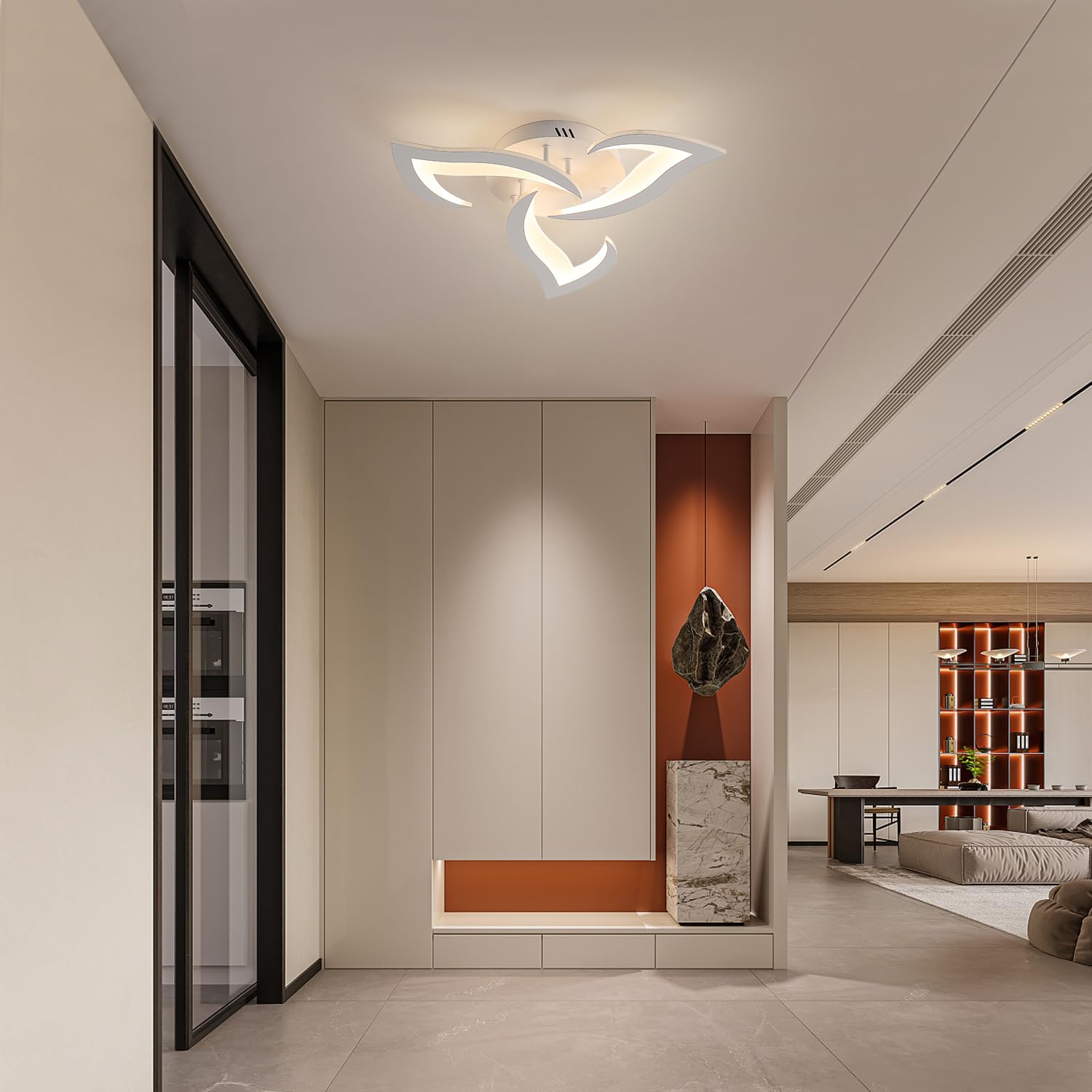 Modern interior design with a ceiling light fixture in a hallway.