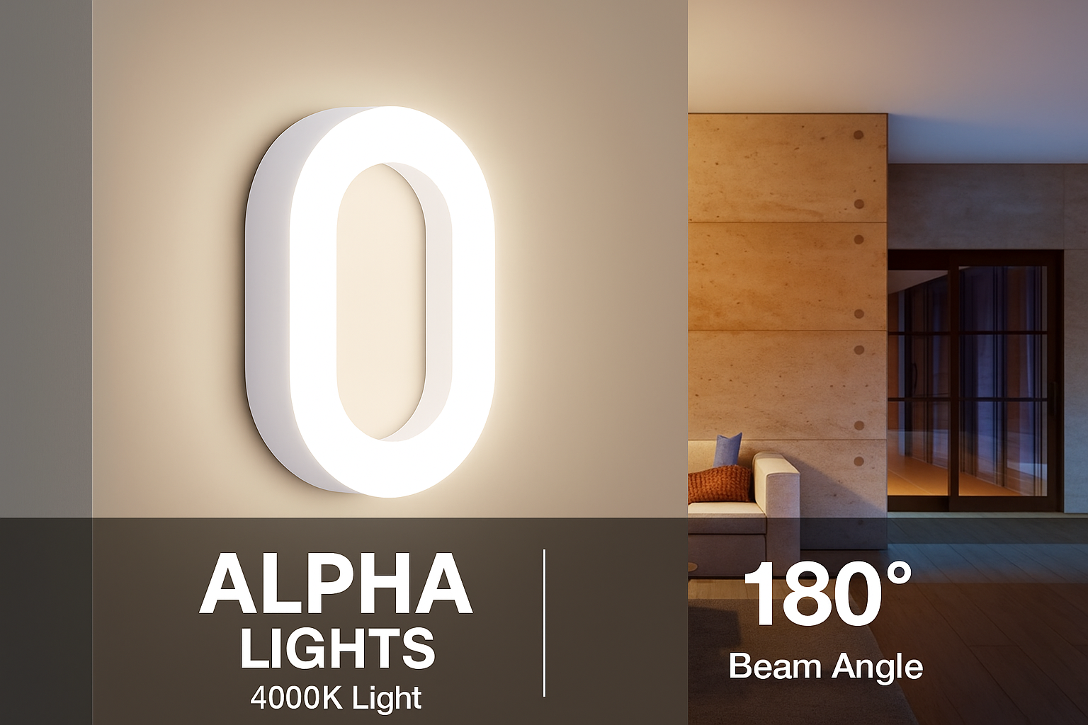 Modern interior design with a large illuminated letter 'O' and 'Alpha Lights' branding.