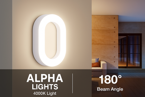 Modern interior design with a large illuminated letter 'O' and 'Alpha Lights' branding.