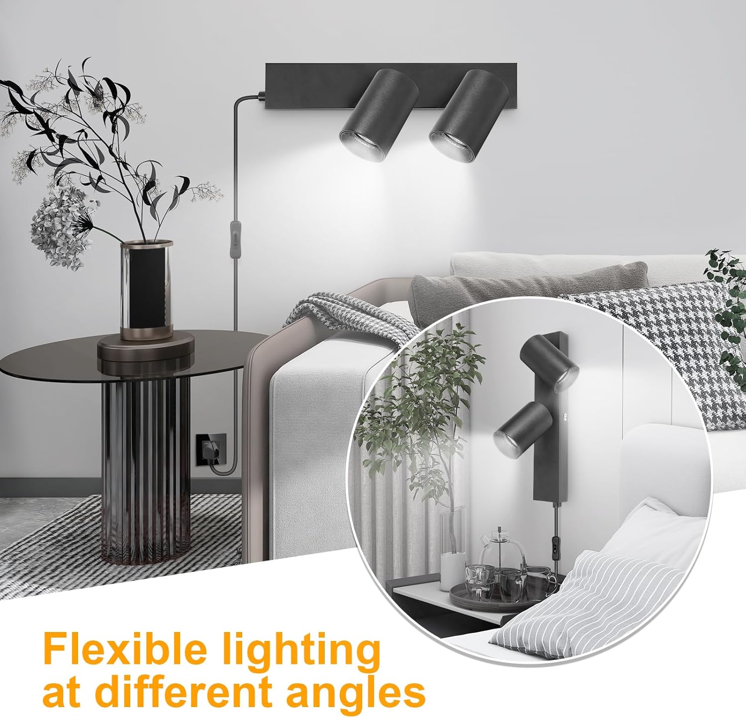 Modern interior design with a wall-mounted light fixture and flexible lighting options.