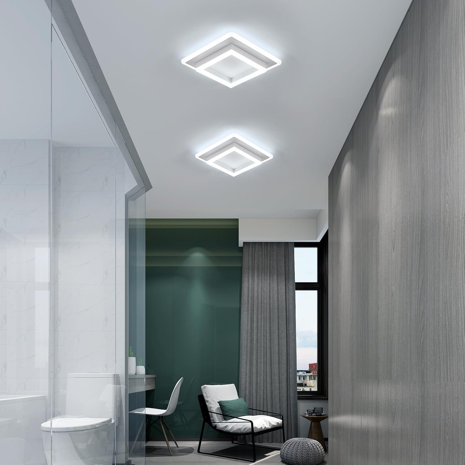 Modern interior design with ceiling lights, chair, and window.