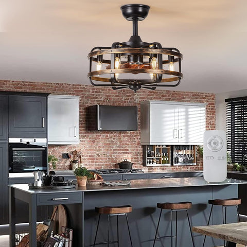 Modern kitchen with a ceiling fan, brick wall, and island with stools.