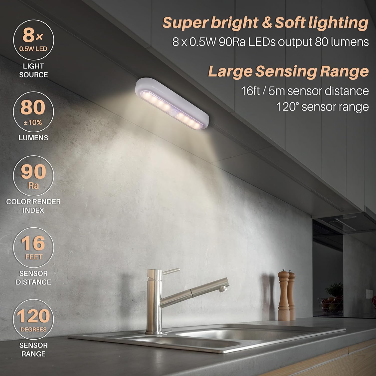 Modern kitchen with a wall-mounted light fixture, highlighting its features.