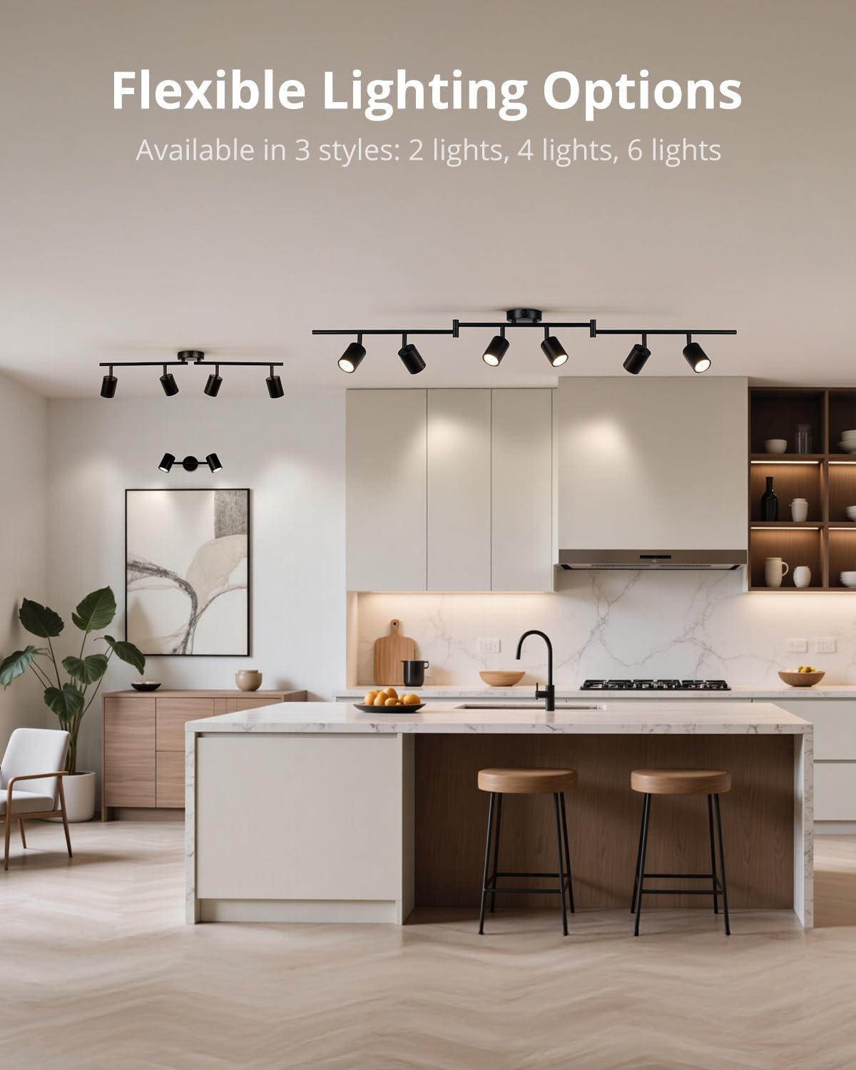 Modern kitchen with flexible lighting options displayed.