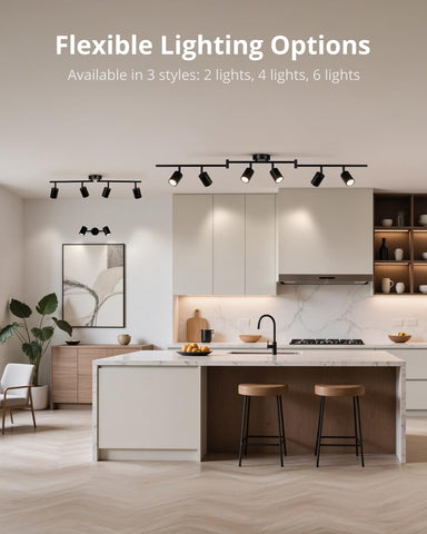 Modern kitchen with flexible lighting options displayed.