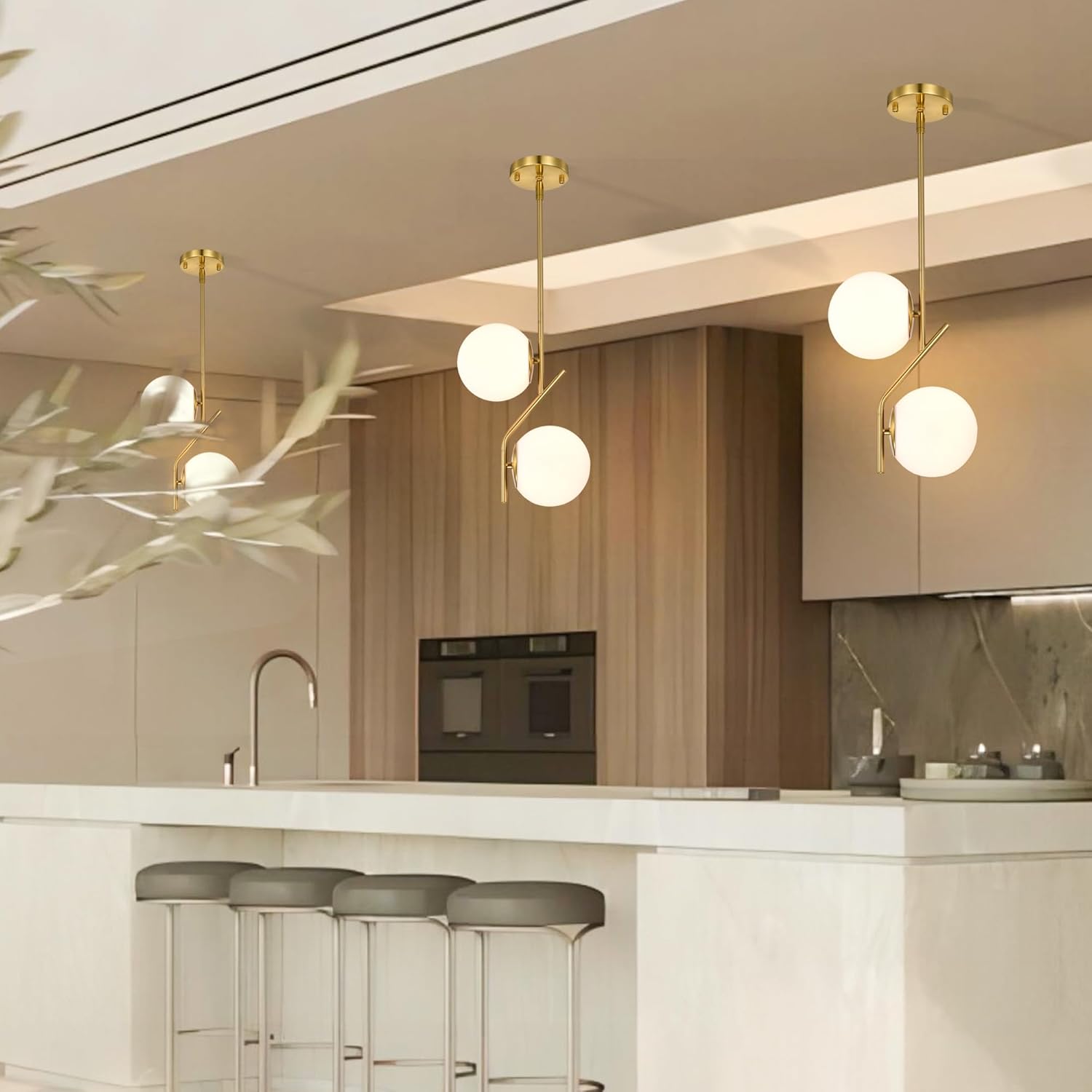 Modern kitchen with pendant lights and bar stools
