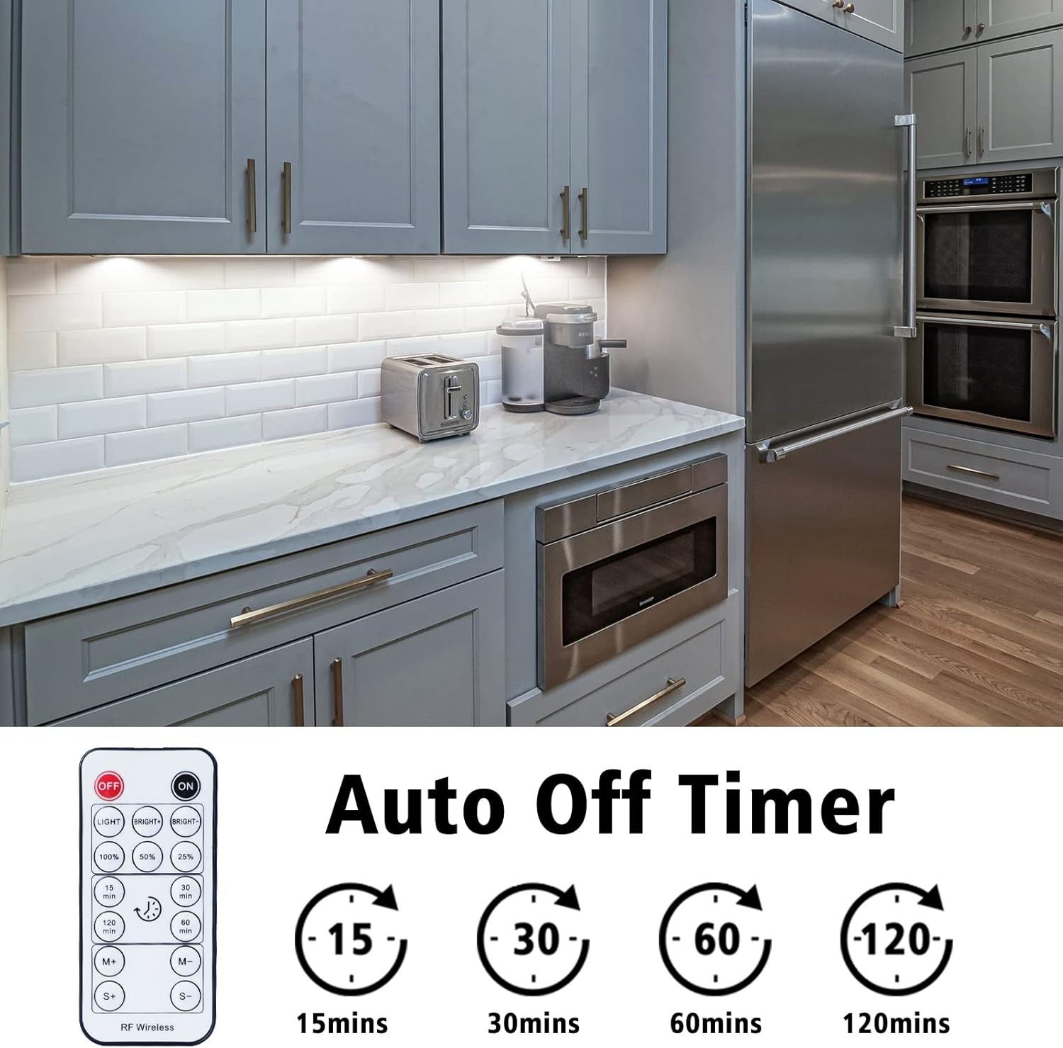Modern kitchen with stainless steel appliances and an auto off timer display.