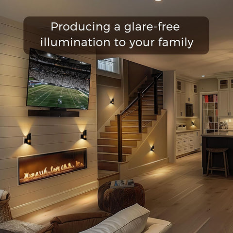 Modern living room with a TV, fireplace, and staircase, featuring text about glare-free illumination.