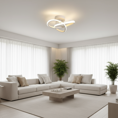 Modern living room with a beige sectional sofa, coffee table, and ceiling light fixture.