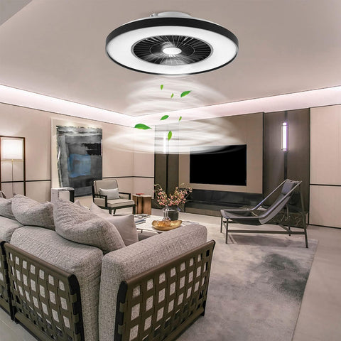 Modern living room with a ceiling fan and stylish decor