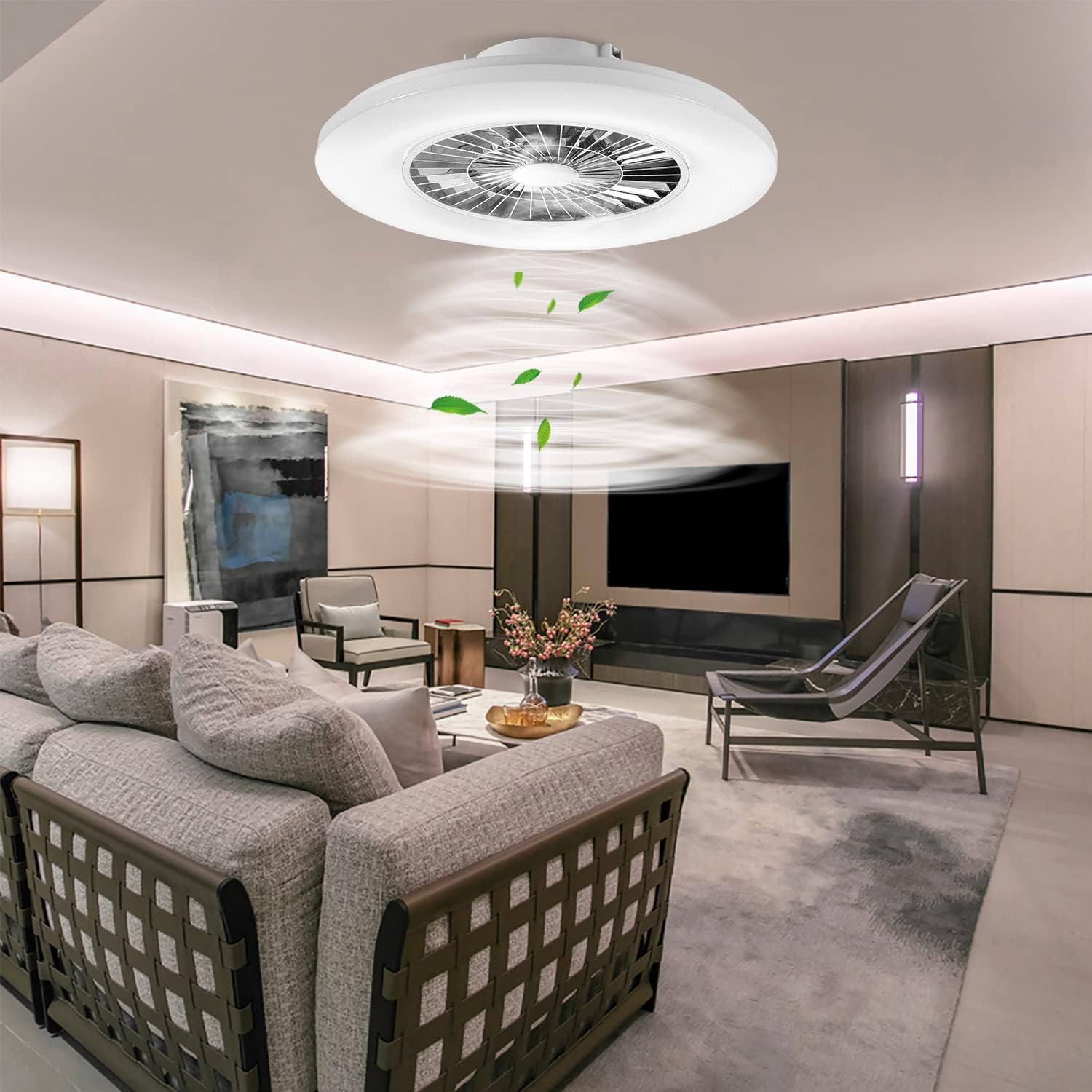 Modern living room with a ceiling fan and stylish furniture.