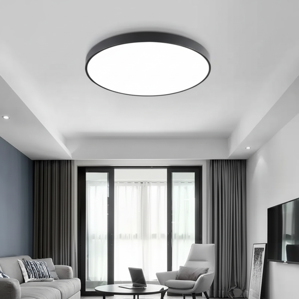 Modern living room with a ceiling light fixture