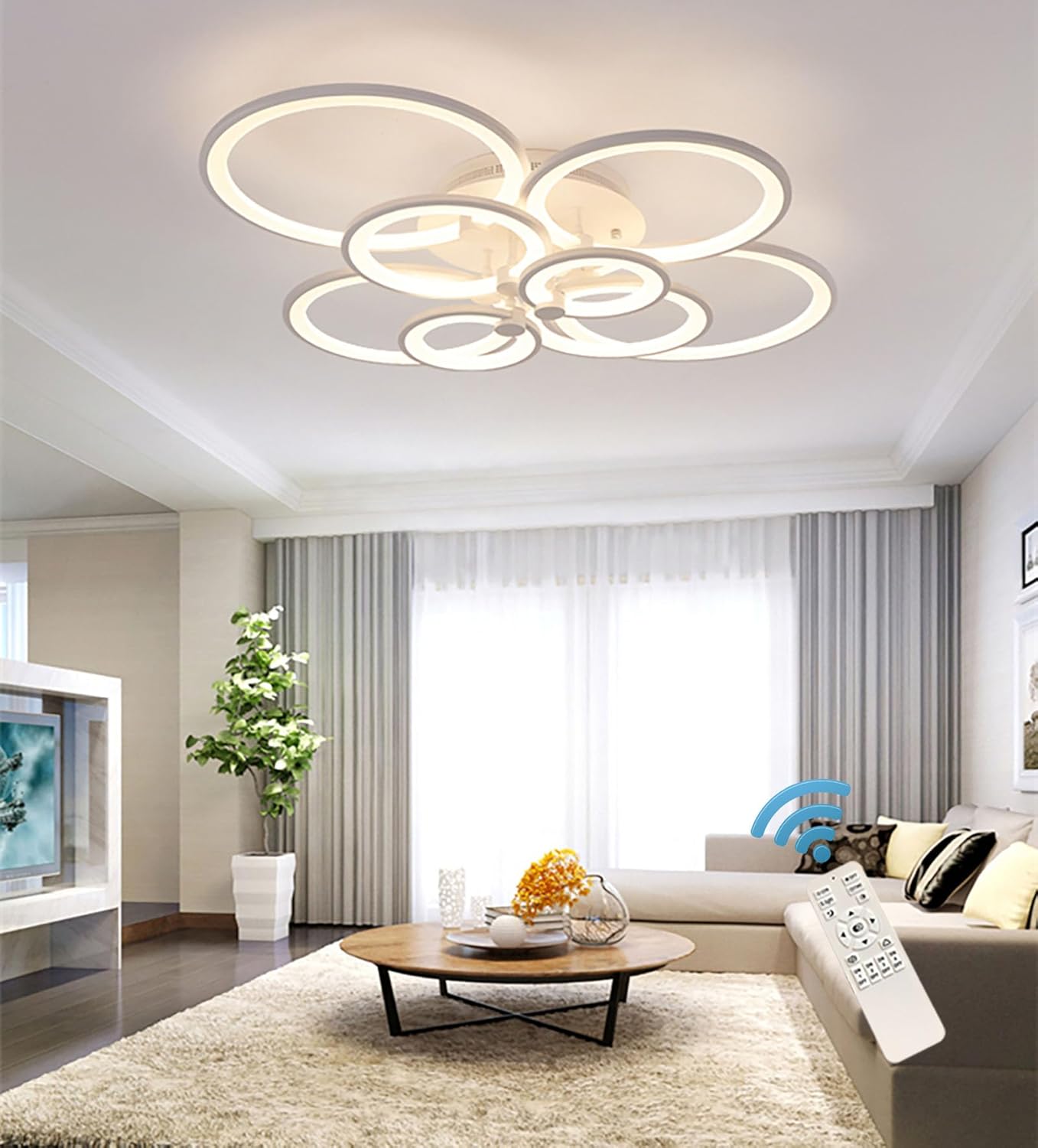 Modern living room with a ceiling light fixture, TV, and decor elements.
