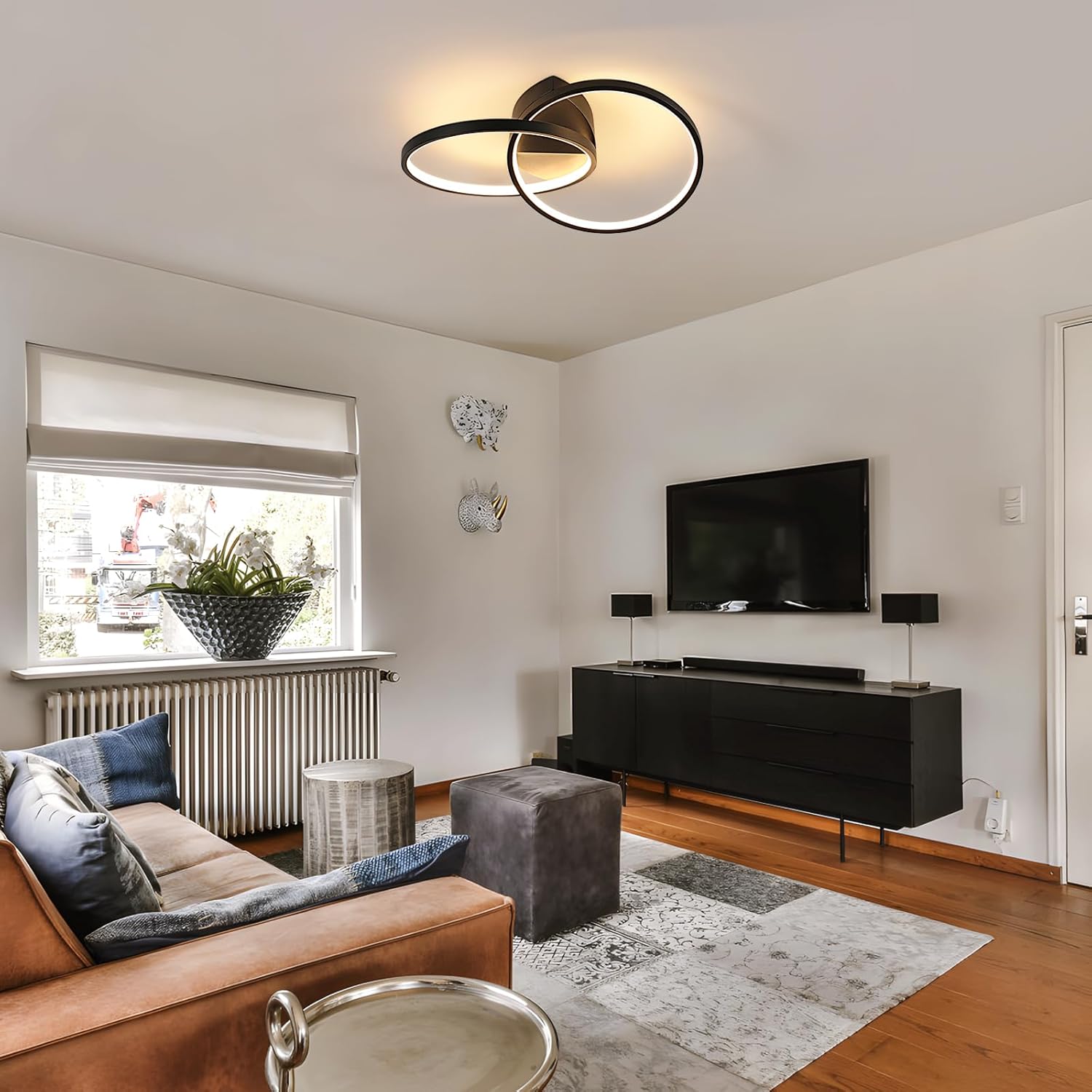 Modern living room with a ceiling light fixture, TV, and furniture.