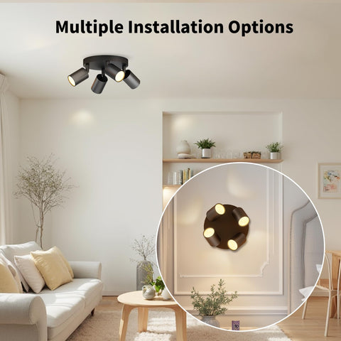 Modern living room with a ceiling light fixture and wall-mounted light fixture.