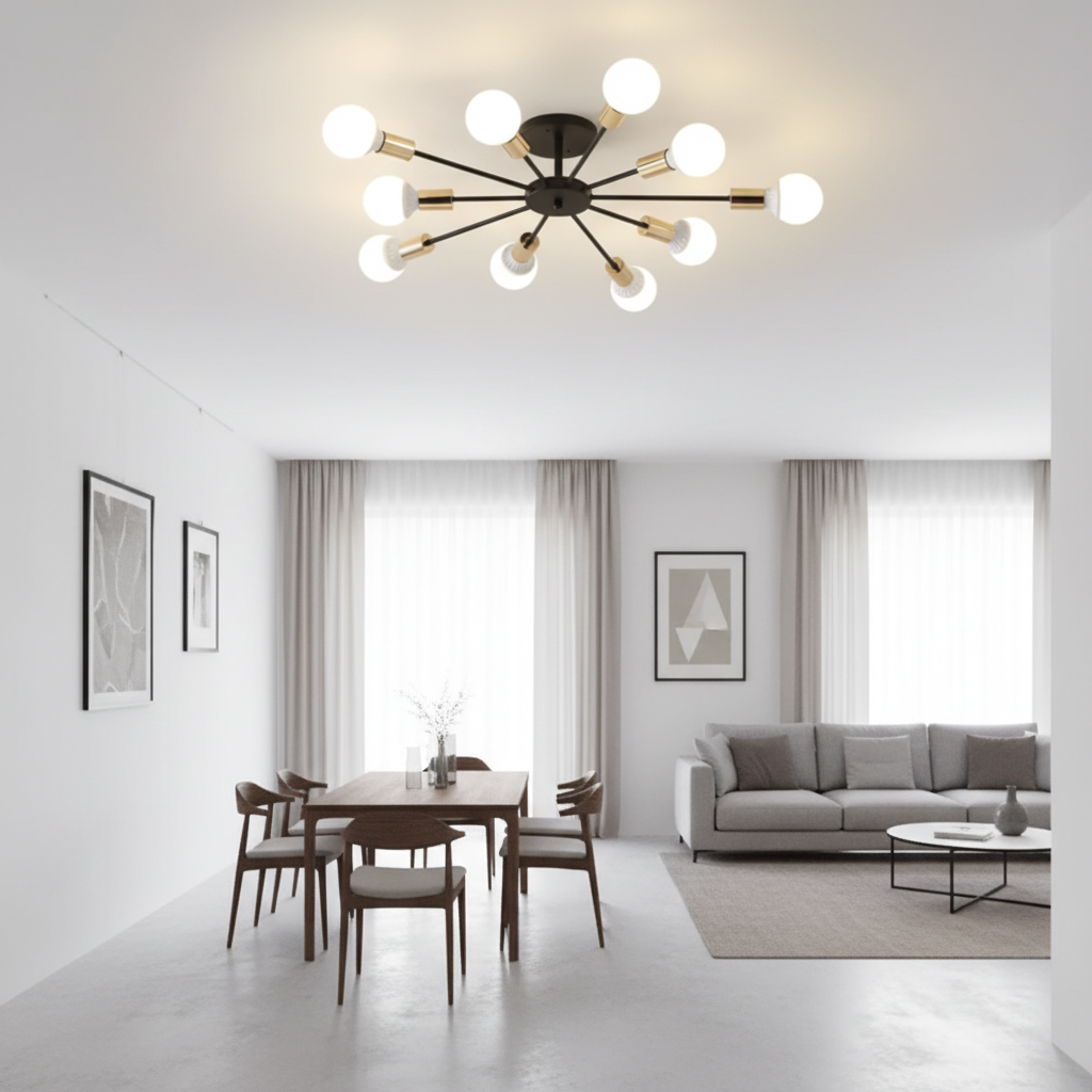 Modern living room with a ceiling light fixture, dining table, and sofa.