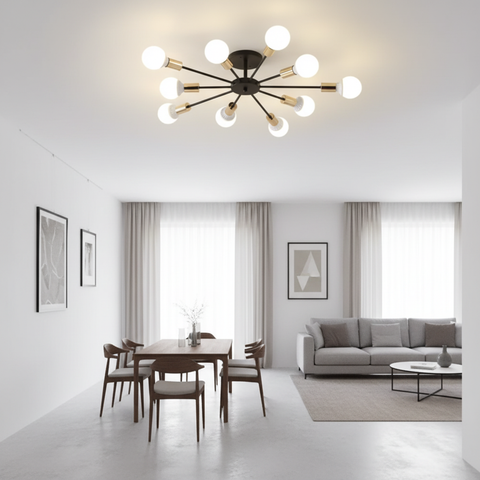 Modern living room with a ceiling light fixture, dining table, and sofa.