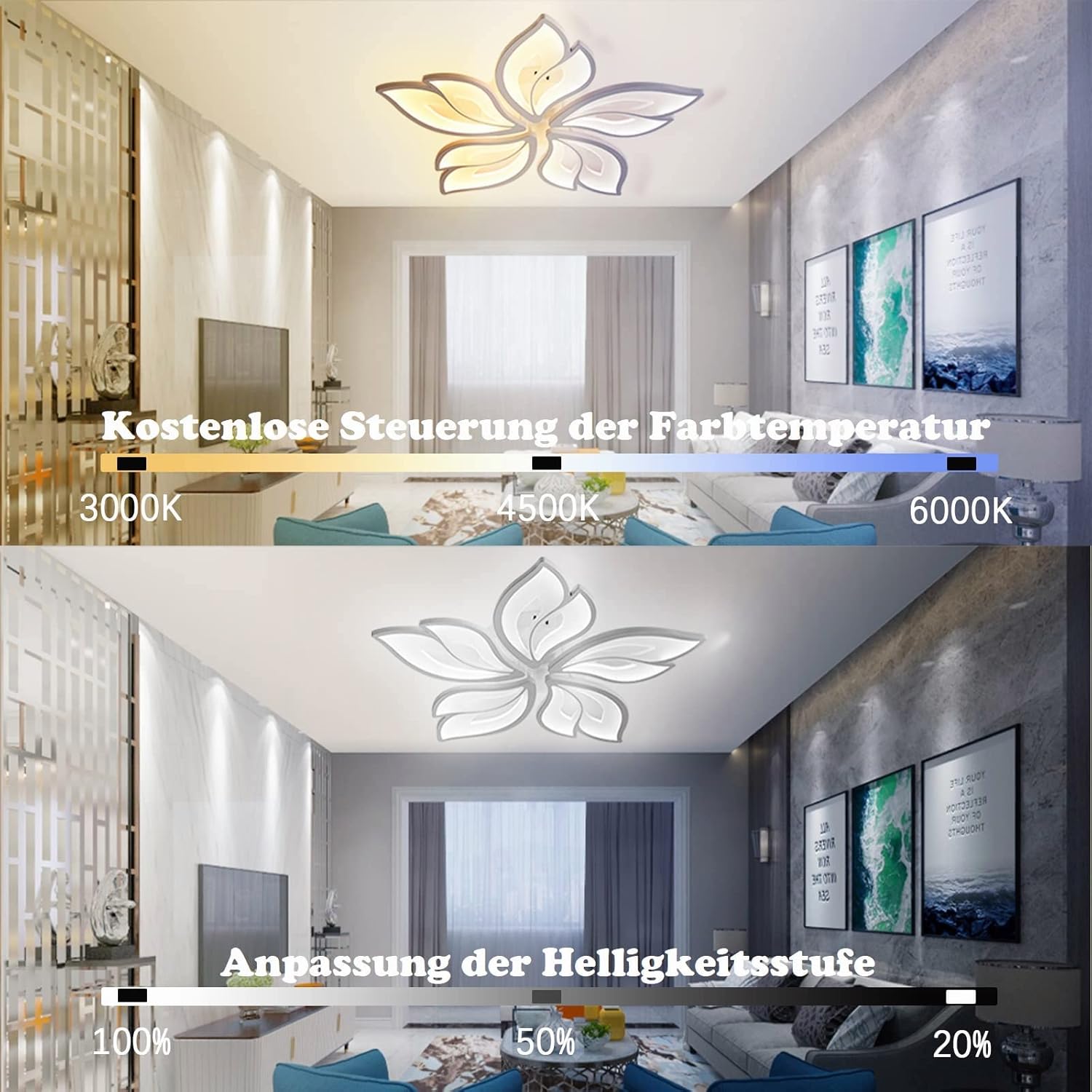 Modern living room with a ceiling light fixture, displaying color temperature and brightness adjustment options.