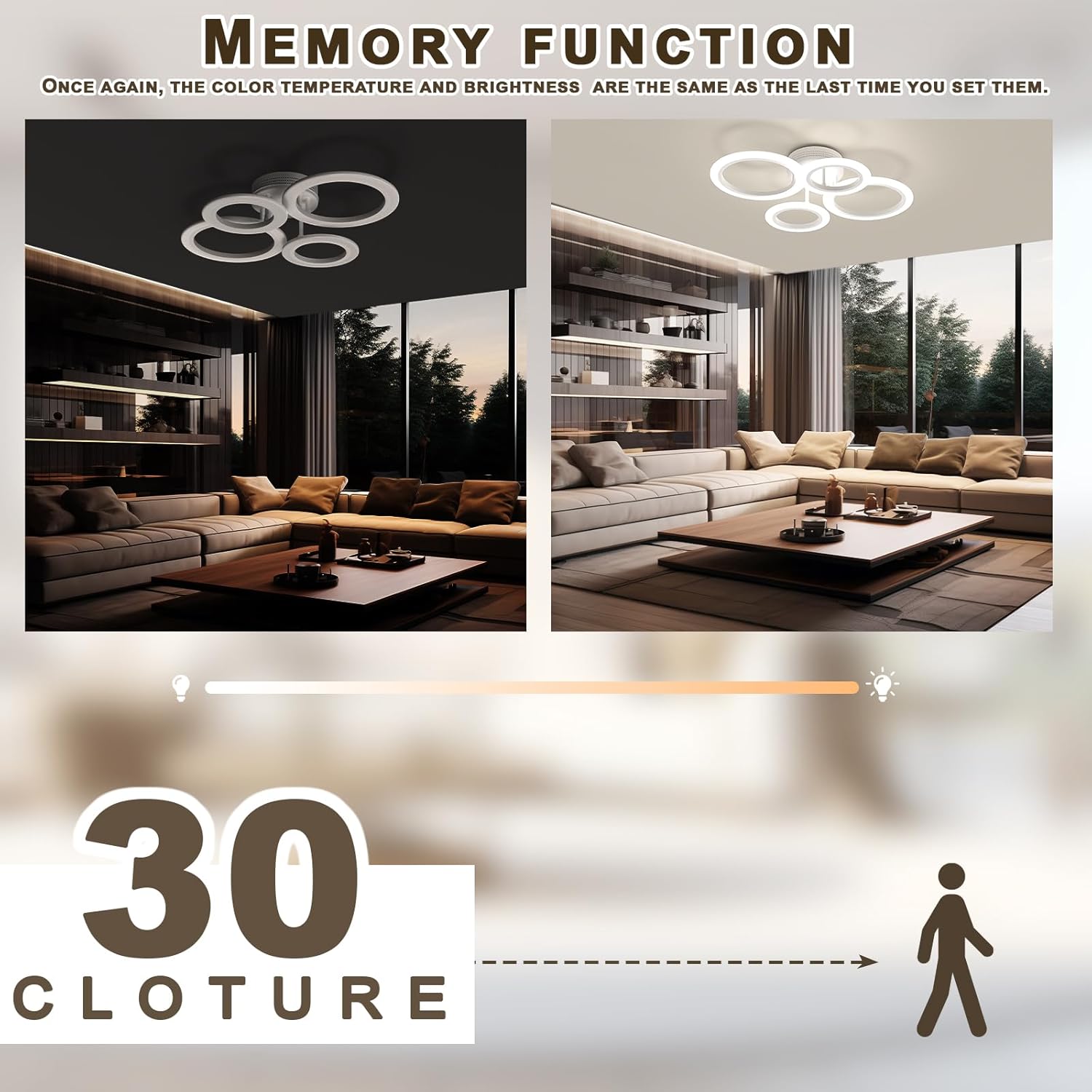 Modern living room with a ceiling light fixture, featuring text about memory function and color temperature.