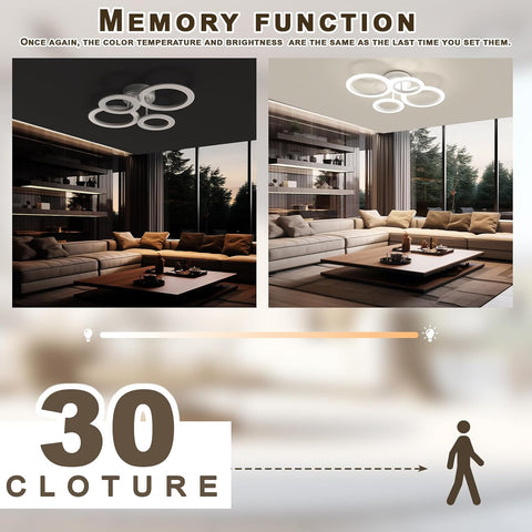 Modern living room with a ceiling light fixture, featuring text about memory function and color temperature.
