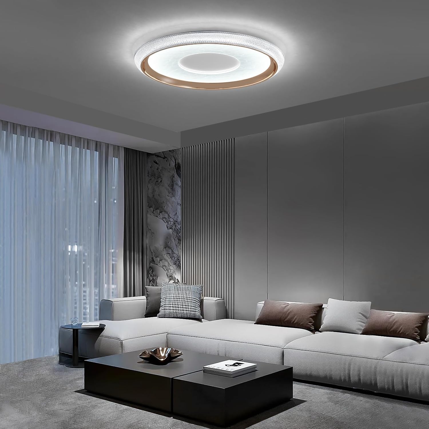 Modern living room with a ceiling light fixture, gray sofa, and coffee table.