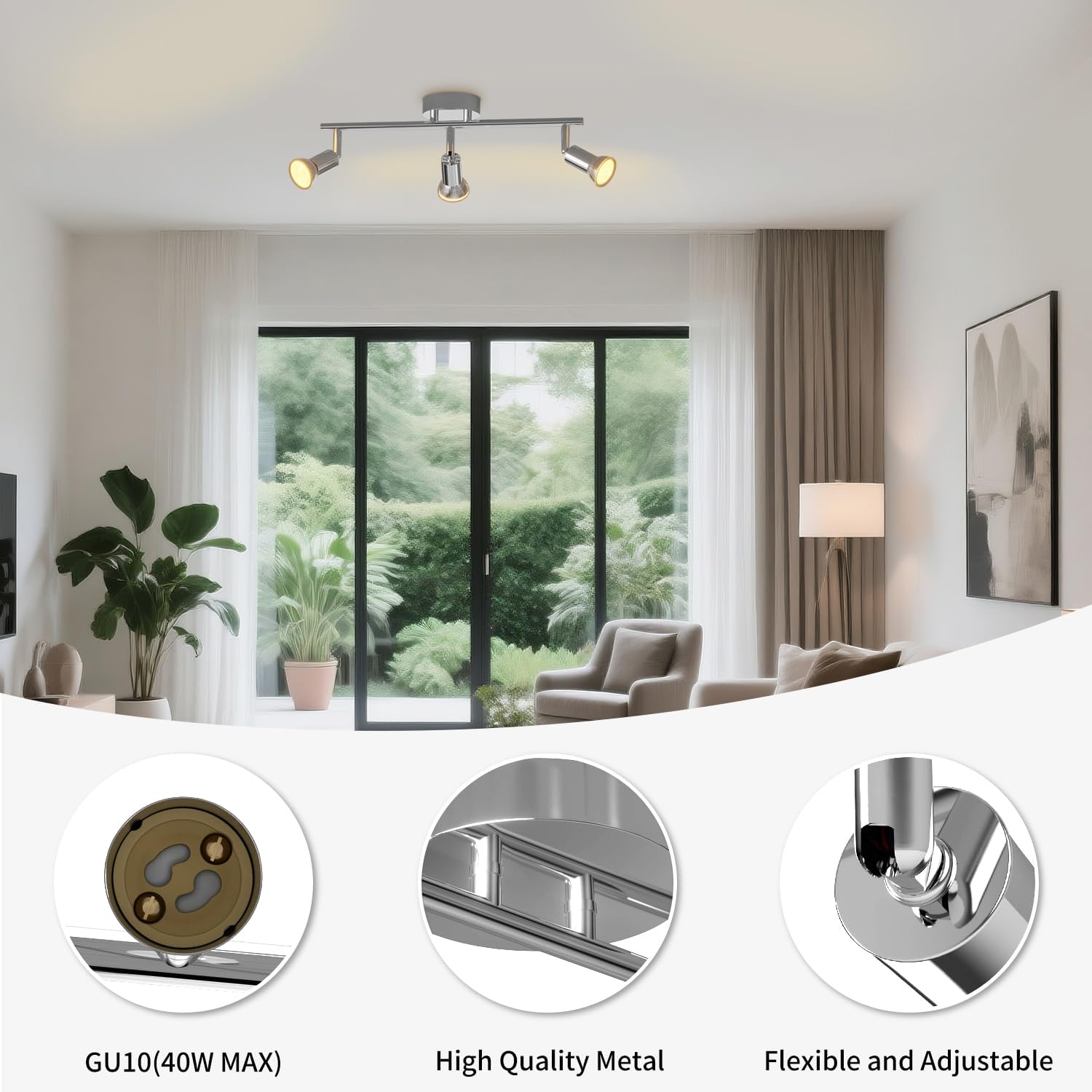 Modern living room with a ceiling light fixture, large window, and decorative elements.