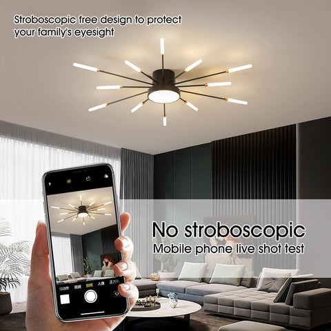 Modern living room with a ceiling light fixture, smartphone taking a photo, and text about stroboscopic design.