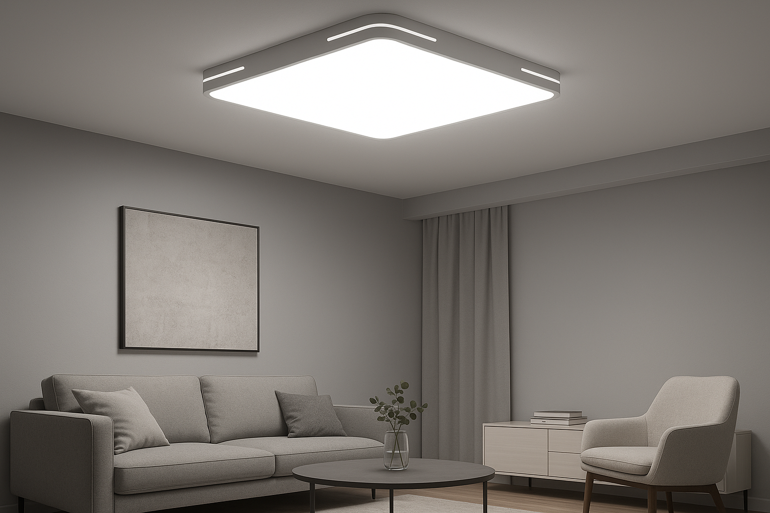 Modern living room with a ceiling light fixture, sofa, and armchair.