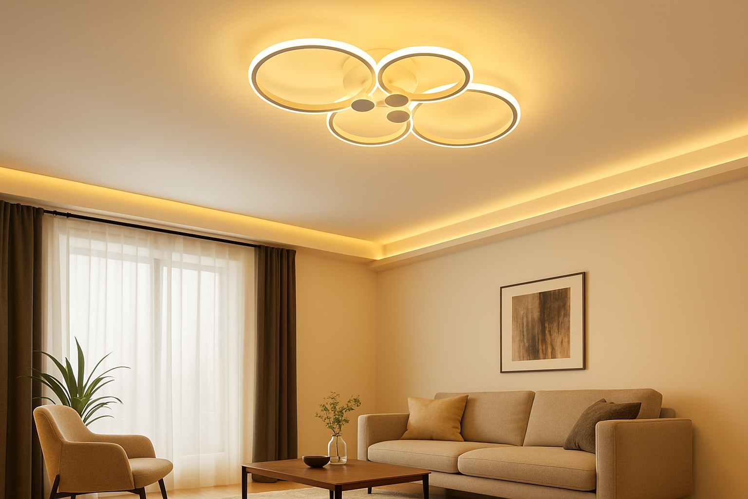 Modern living room with a ceiling light fixture, sofa, and decor elements.