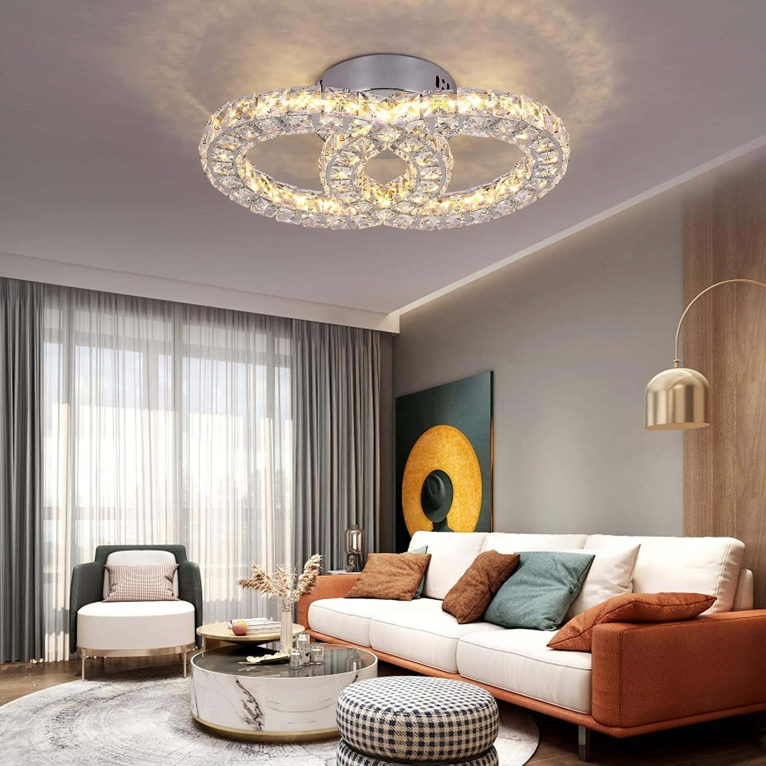 Modern living room with a ceiling light fixture, sofa, and decor elements.