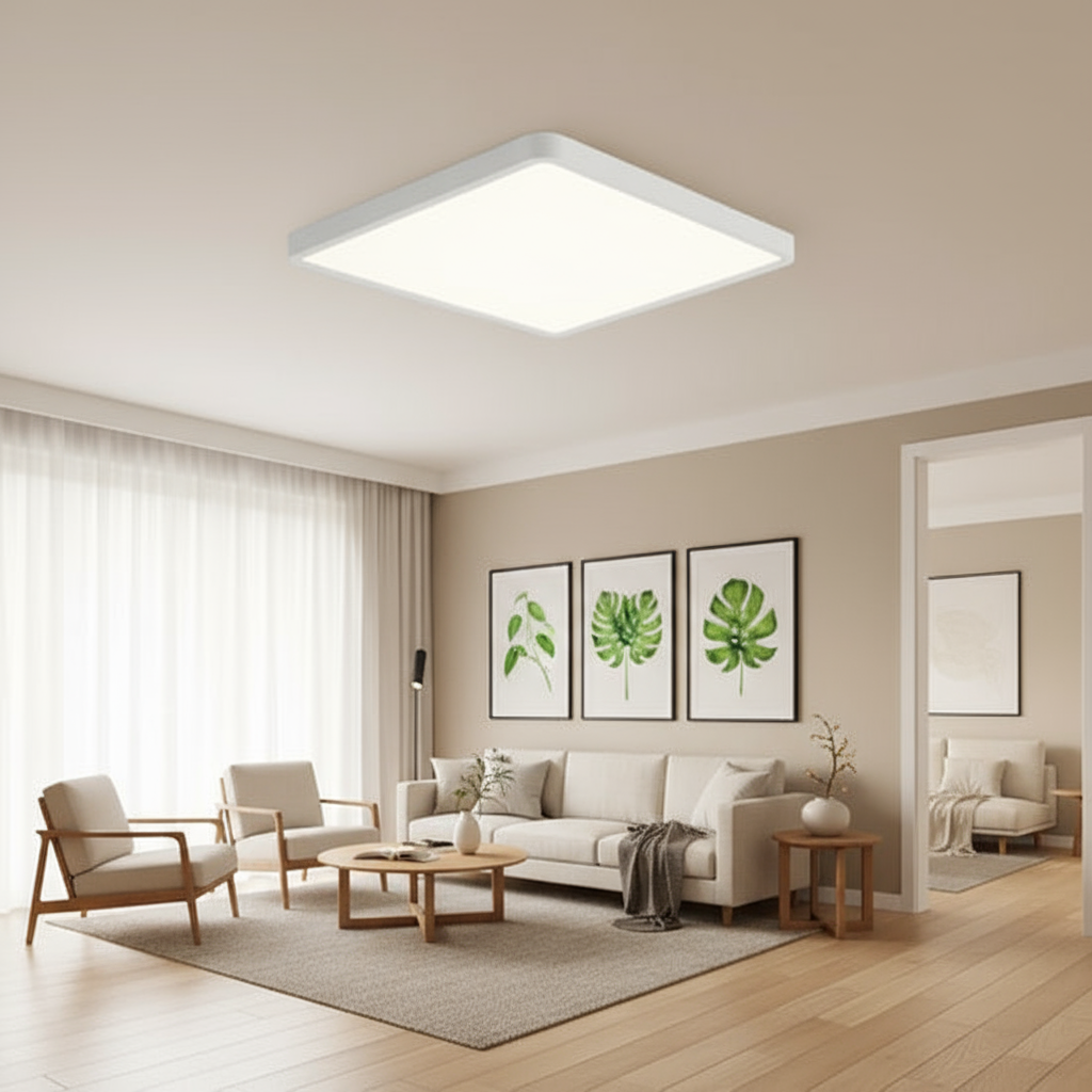 Modern living room with a ceiling light fixture, sofa, chairs, and decorative elements.
