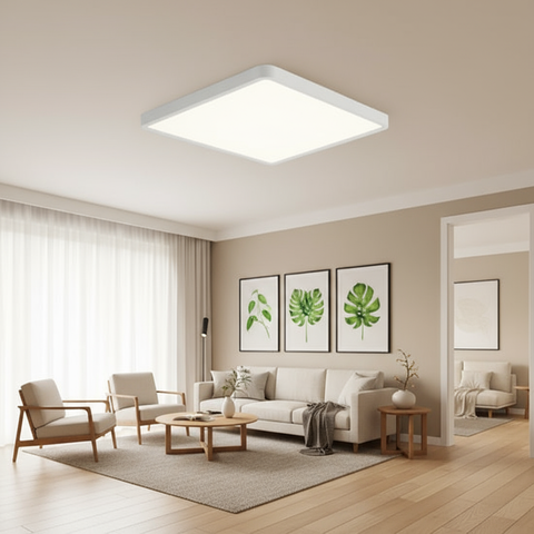Modern living room with a ceiling light fixture, sofa, chairs, and decorative elements.