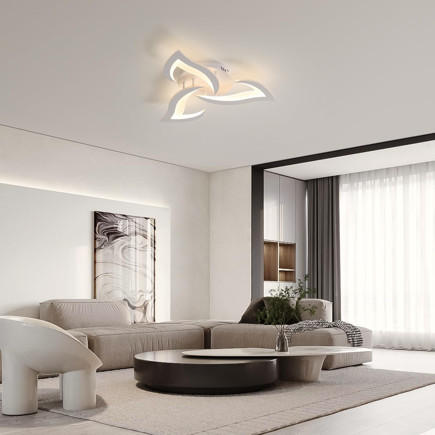 Modern living room with a ceiling light fixture, sofa, and coffee table.