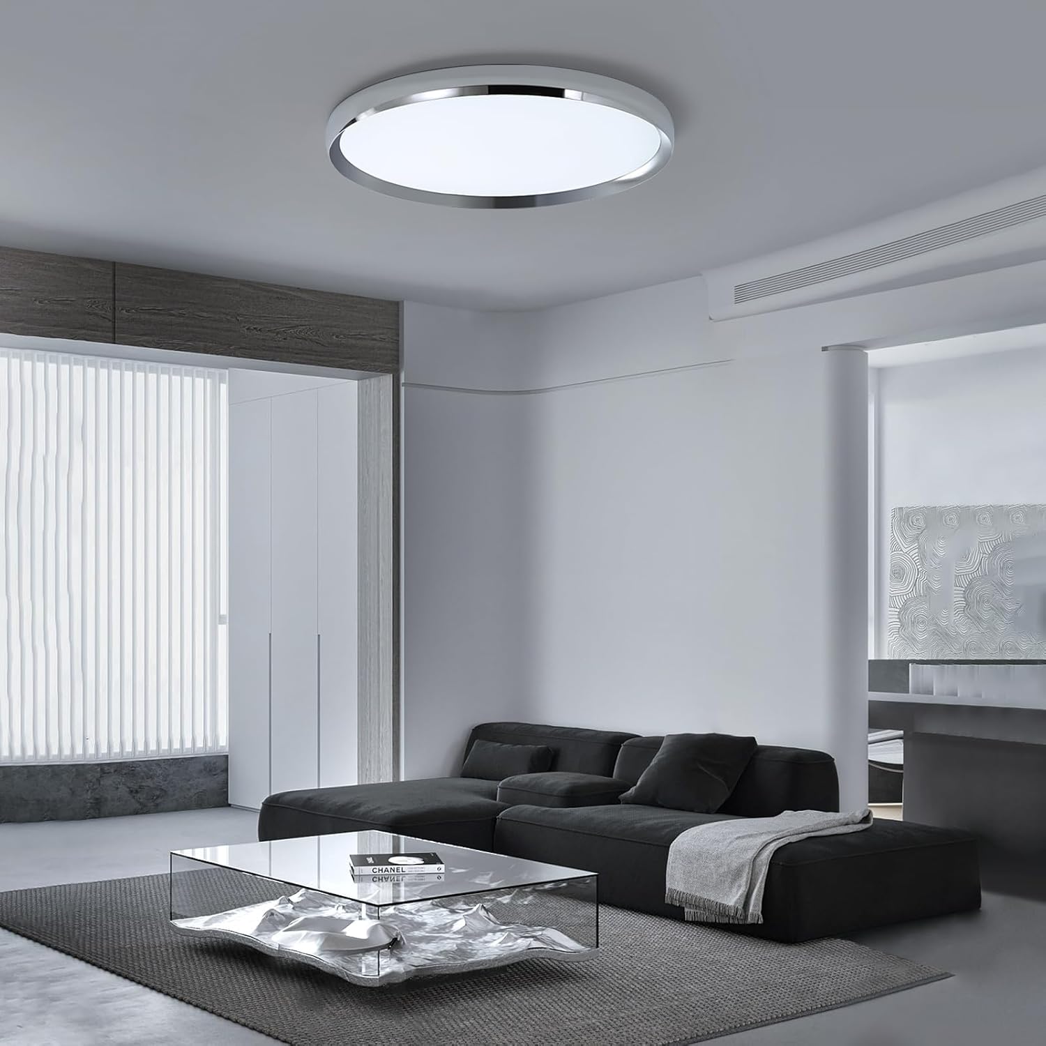 Modern living room with a ceiling light fixture, sofa, and coffee table.