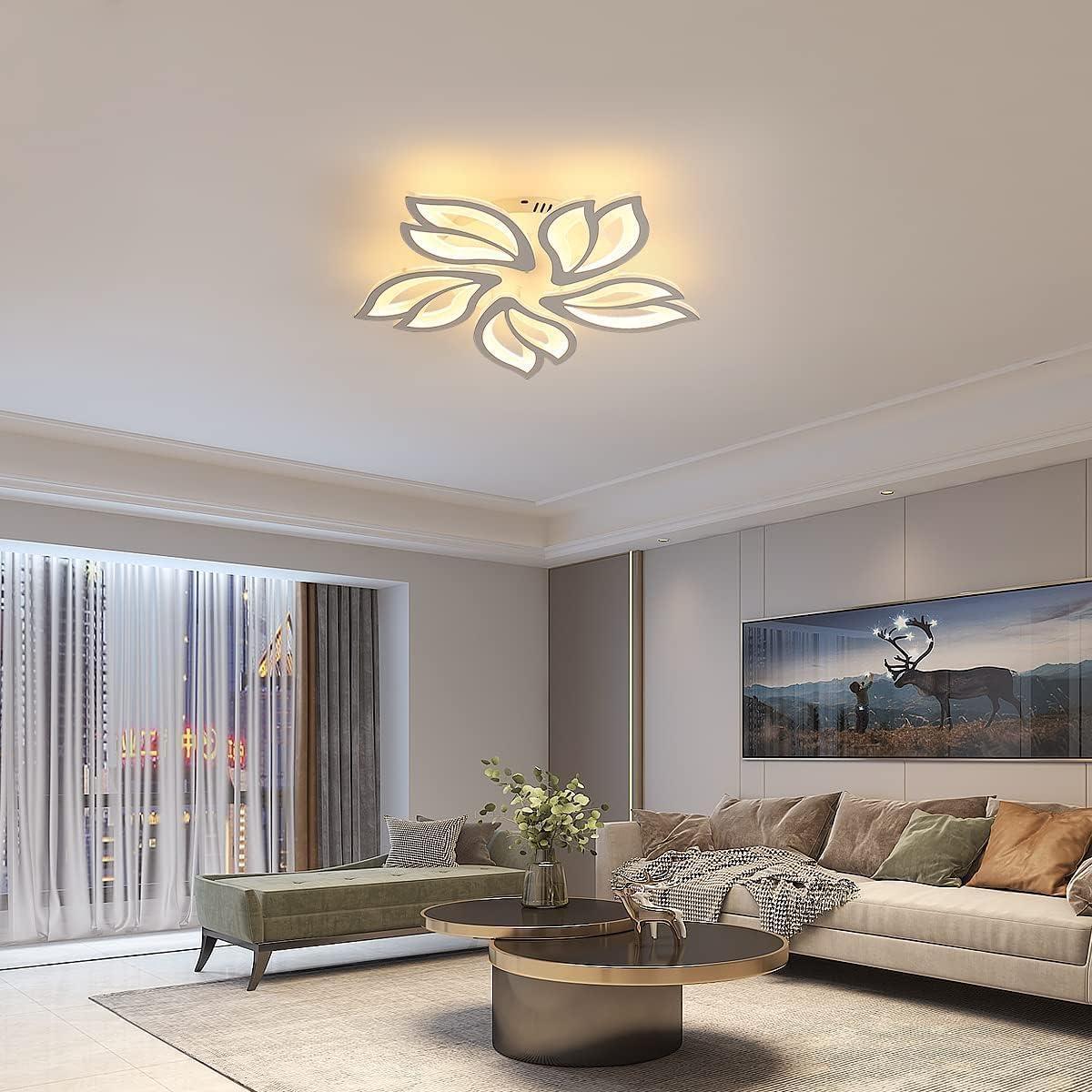 Modern living room with a decorative ceiling light fixture.