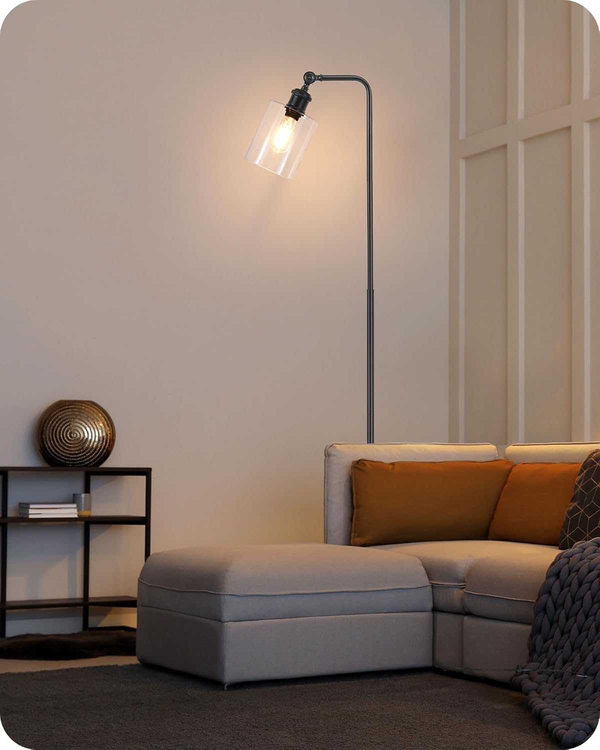 Modern living room with a floor lamp, sofa, and decorative items.