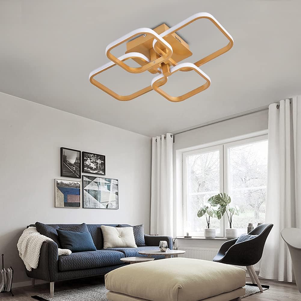 Modern living room with a gold ceiling light fixture.