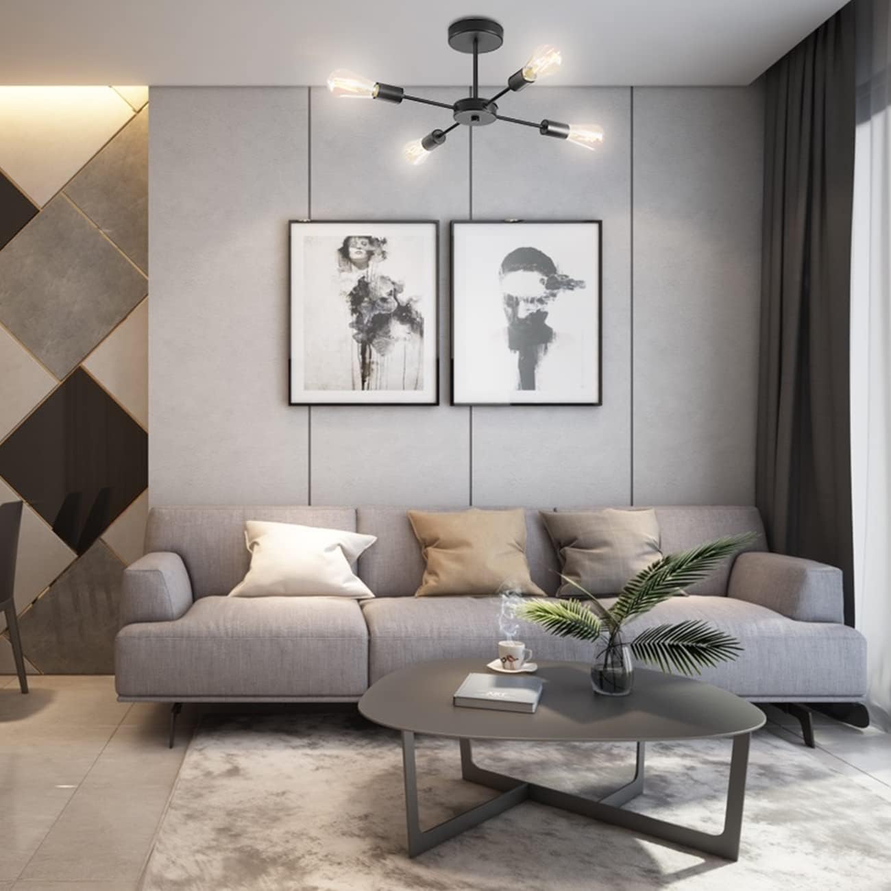 Modern living room with a gray sofa, coffee table, and decorative elements.