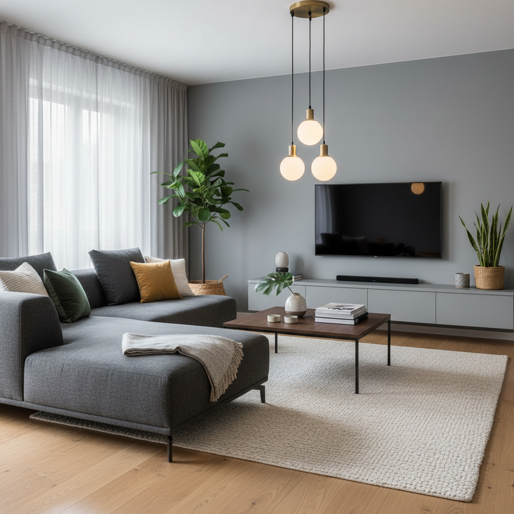 Modern living room with a gray sofa, coffee table, and television.