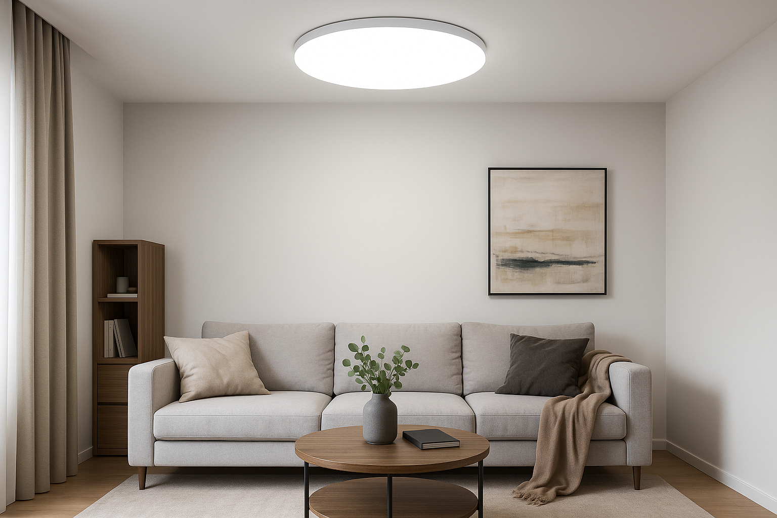 Modern living room with a gray sofa, coffee table, and wall art.