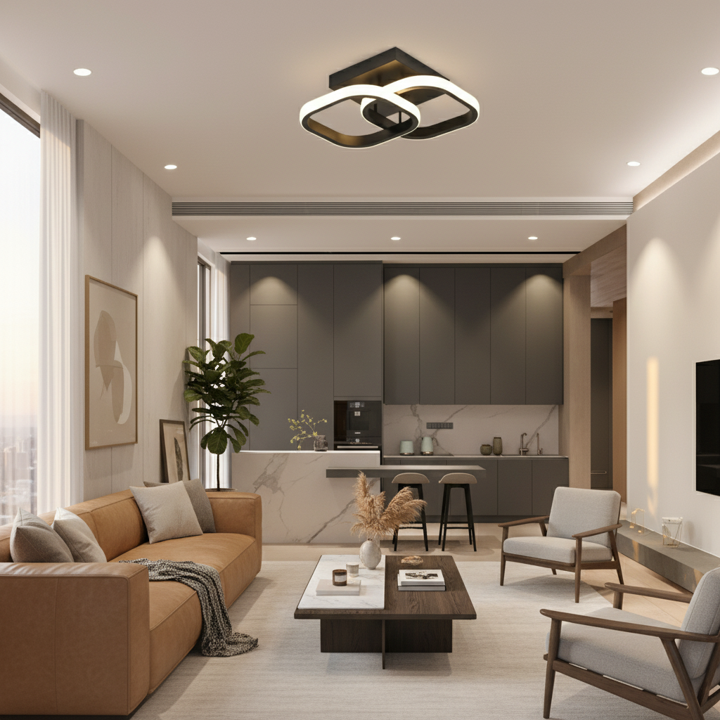 Modern living room with a kitchen in the background