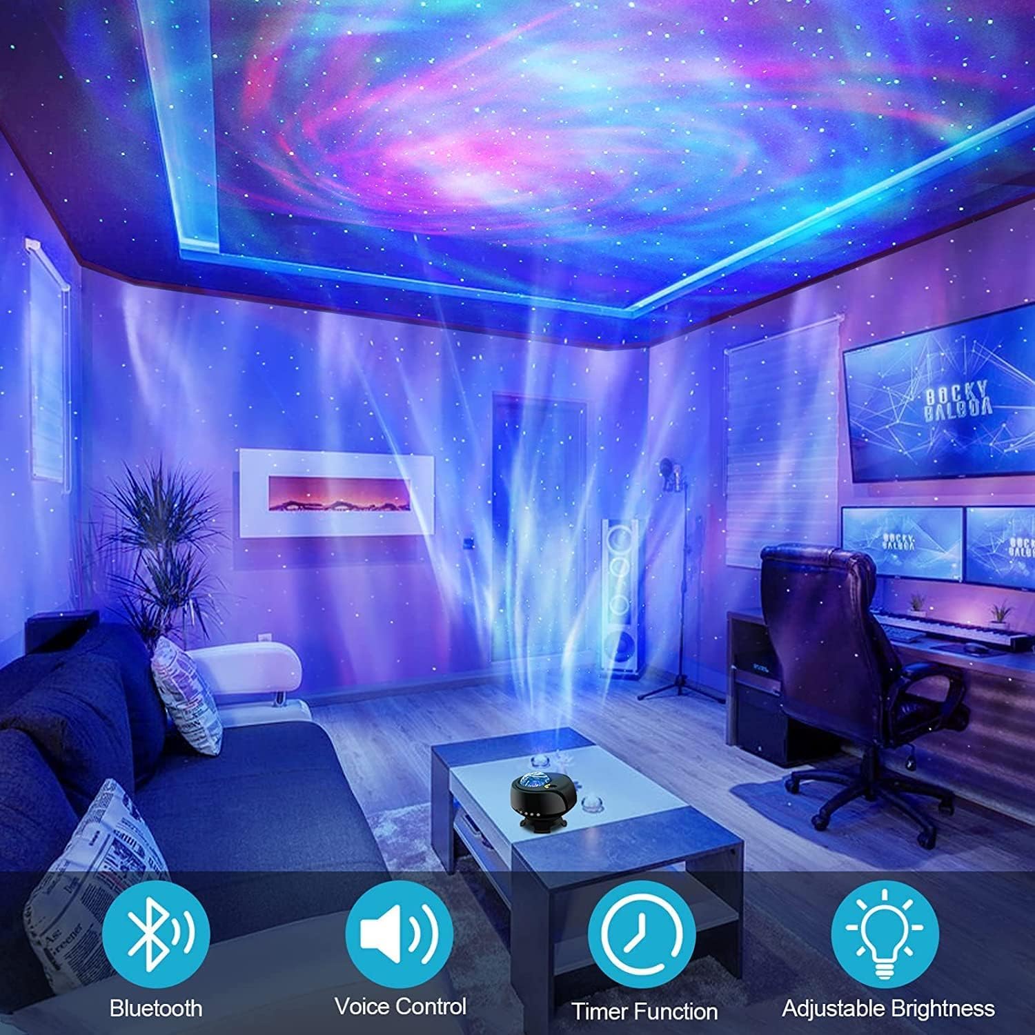 Modern living room with a starry sky ceiling projection, Bluetooth, voice control, timer, and brightness controls displayed.