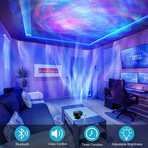 Modern living room with a starry sky ceiling projection, Bluetooth, voice control, timer, and brightness controls displayed.
